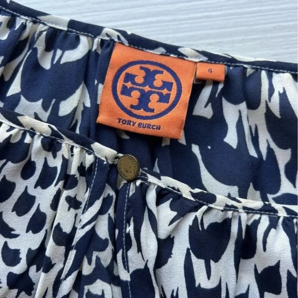 Tory Burch Bird Print Long Sleeve Keyhole Neck Blouse Top Navy Tan 22146